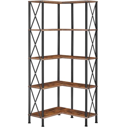 HOOBRO Bücherregal mit 5 Ebenen, industrielles großes Eckregal, L-förmiges Regal, hohes Lagerregal, bodenstehendes Eckregal, Standregal, für Wohnzimmer, Schlafzimmer, Büro, Vintagebraun EBF60SJ01
