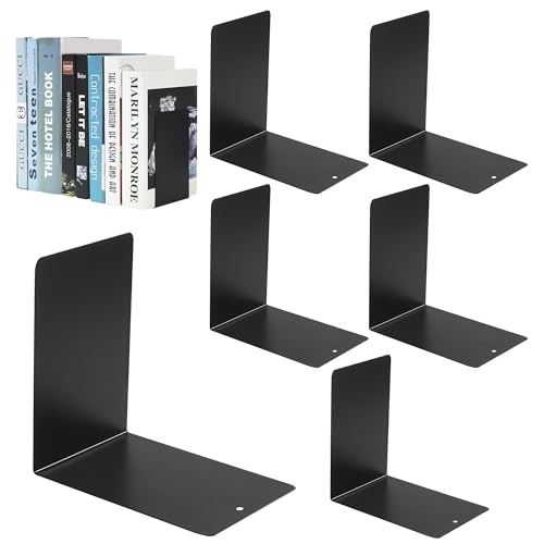 6 Stück Buchstützen Metall Schwarz,mit 24 Stück Robuste rutschfesten Silikonmatten,Perfekt für Schule, Büro, Zuhause und Bibliothek, 15 x 15 x 10 cm