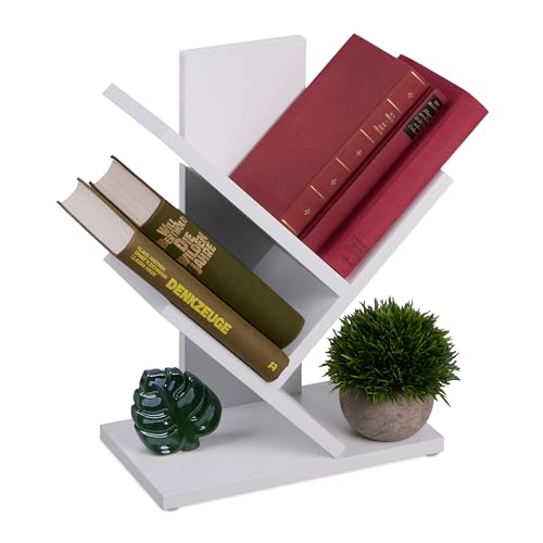 Relaxdays Bücherregal, 3 Ebenen, HxBxT: 40 x 30 x 16 cm, Baumform, Bücher, CDs, schmaler Bücherbaum, Buchregal, weiß