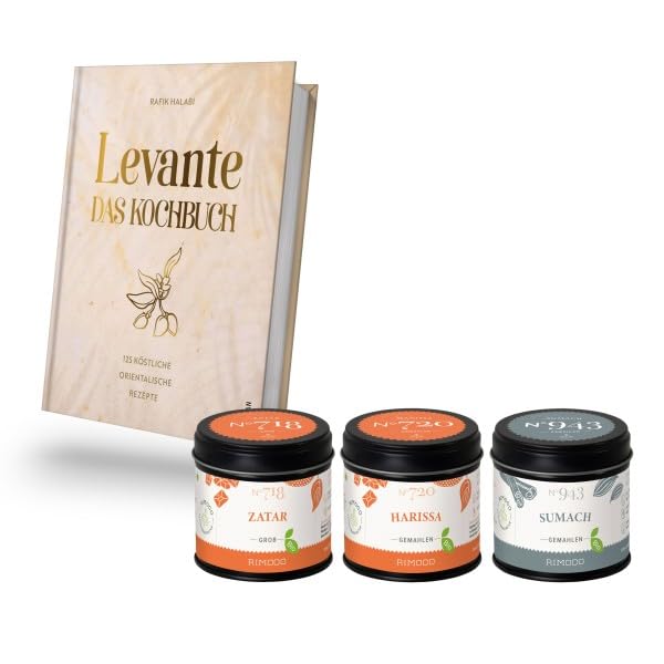 Rimoco Gewürze Geschenkset aus Gewürzen + Das Kochbuch 'Levante' - bestehend aus bio Zatar N°718, Bio Harissa N°720 und Bio Sumach N°943.