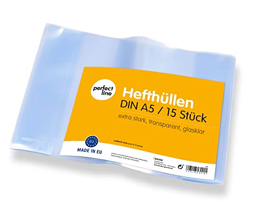 perfect line • 15 Hefthüllen DIN-A5, Glas-Klar & Extra-Stark, Heftumschlag transparent, Heftschoner aus recyclebarem PP, dokumentenecht