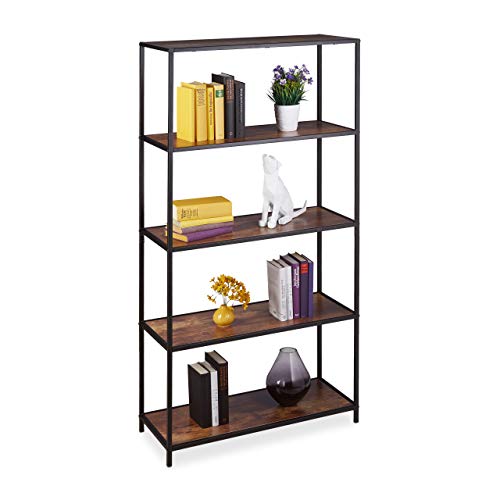 Relaxdays Bücherregal Vintage 5 Ablagen, industrial, Büro, Wohnzimmer, Standregal in HBT 150x77x33 cm, Holzoptik/schwarz