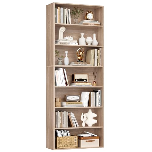 FirFurd Bücherregal, Regal mit 7 Fächern, Bücherschrank, Standregal, Aufbewahrungsregal, für Wohnzimmer Büro Schlafzimmer, 209,5 x 60 x 23,5 cm, Eiche