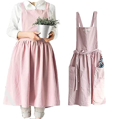 Generisch Schürze Damen,Kochschürze,Küchenschürze,Grillschürze,Weihnachtsschürze,Backschürze,Weicher Baumwollstoff,Kreuz-Riemen-Design,Aprons Women für Koch,Catering und Großküchen(Rosa)