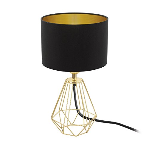 EGLO Nachttischlampe Carlton 2, Deko Tischlampe Vintage, Retro Lampe aus Metall und Stoff in Gold und Schwarz, E14