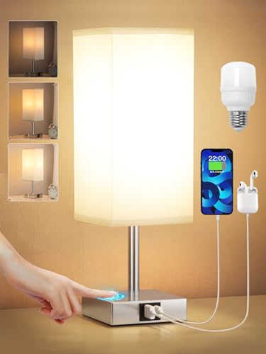 Kakanuo Nachttischlampe Touch Dimmbar, Tischlampe mit Ladefunktion USB A+C-Anschlüssen LED-Birne, Grauer Lampenschirm, Moderne Kleine Lampe für Nachttisch Schlafzimmer Wohnzimmer Babyzimmer Büro