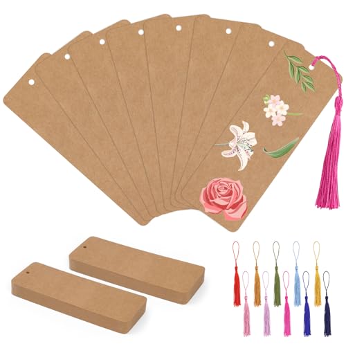 Blanko Lesezeichen, 60 Stück Papier Lesezeichens Basteln mit Loch, Rohlinge Set für DIY Handwerk Geschenkanhänger (Braun,14x5cm)