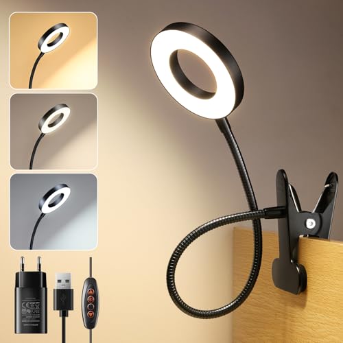 One Fire 48 LED Leselampe Bett Dimmbar, 3 Modi & 10 Dimmstufen USB Klemmlampe Bett mit 10W Adapter,40cm & 360° Flexiblem Nachttischlampe Kinder,Leselampe Kinder Schreibtischlampe Dimmbar Reading Light