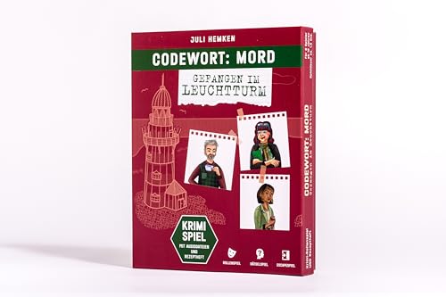 Codewort: Mord. Gefangen im Leuchtturm. Krimidinner-Rollenspiel und Kochbuch. Für 6 Spieler ab 12 Jahren.: 54 Anweisungskarten, 6 Einladungsschreiben, 3 Rätsel-Flyer, 3 Geheimniskarten
