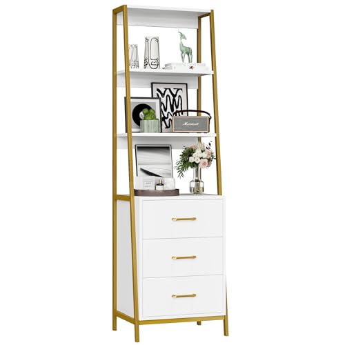 HOCSOK Bücherregal, Standregal mit 3 Ebenen, Büroregal mit 3 Schubladen, Holz & Metallgestell, Aufbewahrungsregal für Wohnzimmer, Büro, Schlafzimmer, Küche