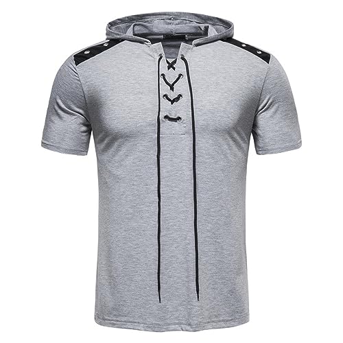 XIANPING Herren Retro Schnürhemden Mit Kapuze Sommer Kurzarm Smart Casual Strand Hoodies Tops Sportshirt Herren Laufshirt Herren Sommer Kurzarm Herren D-Light Grey1 XXL