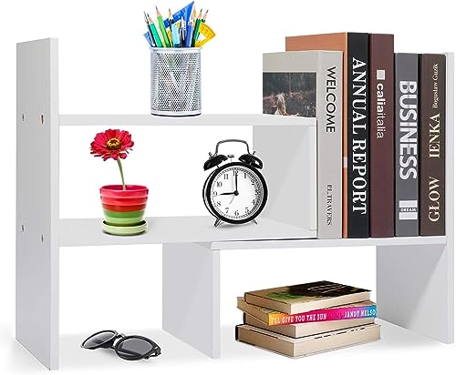 Accmuzzy Schreibtischregal Holz,Kleines Bücherregal Regal Weiß,Schreibtischregale Organizer,Verstellbare Desktop Organizer Bücherregal für Büro,Küche (Weiß)
