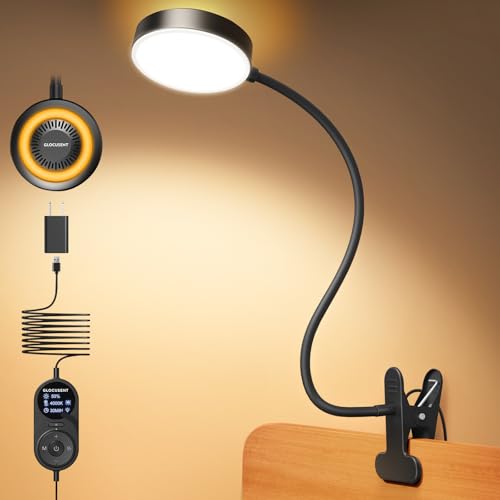 Glocusent Leselampe Bett, 72 LED Klemmlampe mit 3 Farben & 5 Helligkeiten, Flexibel Bettlampe mit Amber Nachtlicht, 30/60-Min Timer, Augenschutz, für Bett/Lesen/Arbeiten (Schwarz mit Adapter)