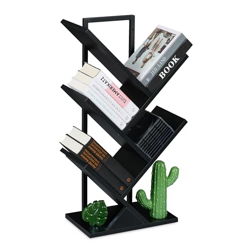 Relaxdays Bücherregal, 4 Ebenen, HxBxT: 71 x 40 x 21,5 cm, Baum-Design, Bücher, CDs, Dekoregal, Wohnzimmerregal, schwarz