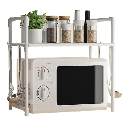 Erweiterbares Mikrowellenregal – 2/3-stöckiges Ofenregal mit Haken, Küchenaufbewahrungsständer für Töpfe, Pfannen und Grills, platzsparender Mikrowellenständer für Arbeitsplatte