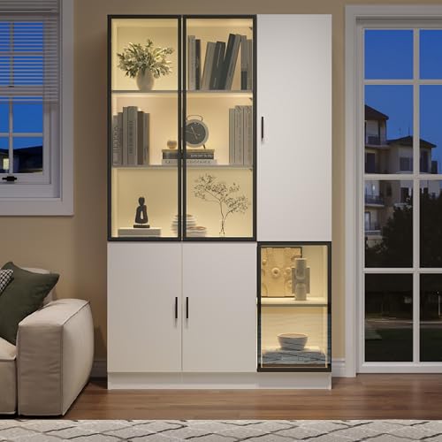 Oslghy Glas Vitrine, Glasvitrine, Bücherregal Hochschrank mit LED, Standregal mit Glastür, Hoch Küchenschrank mit Stauraum Lagerregal, Weiß Buffetschrank für Wohnzimmer, Schlafzimmer, 120x35x200cm