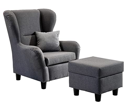 Gemütlicher Ohrensessel mit Hocker im Landhaus-Stil, B90/H98/T76 cm, hoher Sitzkomfort durch Wellenunterfederung, moderner Lesesessel mit Echtholzfüßen und Zierkissen, Strukturstoff in Grau / 18001