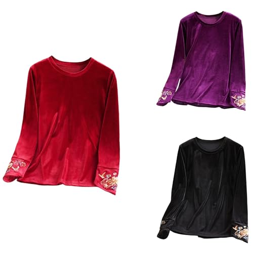 Damen Langarm Bluse Rundhals Tops für Frauen Druck Langarm Sweatshirts Tops Casual Rundhals Lose Strickpullover Thermo Warme Pullover Weibliche Vintage Stickerei Druck Plüsch Pullover Lila