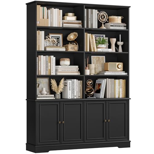 FirFurd 185cm Bücherregal mit Türen Bücherschrank mit 12 Fächern Vitrinenschrank aus Holz Hochschrank Regal mit Türen für Wohnzimmer Arbeitszimmer Büro Küche 185 x 27 x 120cm Schwarz