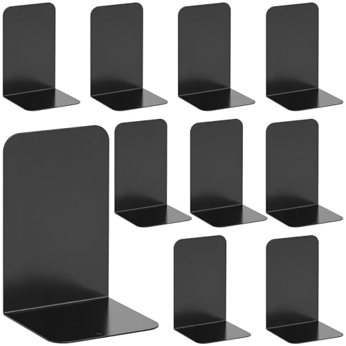 FAAING 10 Stück Buchstützen Metall Schwarz, Buchhalter Regal Schwarz L-förmige Buchstütze mit Rutschfesten Pads, Metall Bookends für Büro, Schule, Zuhause und Bibliothek