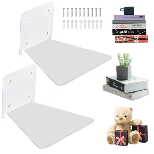 AmkWood Unsichtbares Bücherregal, Schwebendes Bücherregal, Stabiles Bücherregal mit Metallstruktur zur Wandmontage für Schlafzimmer, Küche, Büro, 2er Set,Weiß