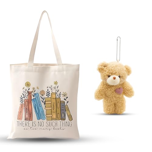 ZexJpr Stofftasche Mit Süssem Bärenanhänger, 2-Teiliges Set, Jutebeutel Bedruckt, Büchertasche Für Buchliebhaber, Onperpoe Stoffbeutel Bedruckt Stofftasche, Tragetasche Damen, 40x35cm