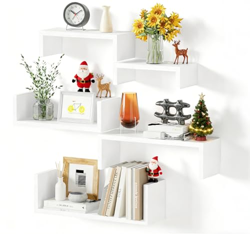 SRIWATANA Wandregal Weiß 5 Stück, Regal Wand Holz, Schweberegale Max Belastung 40kg, Moderne Wandboard Deko, DIY Wandmontage Hängeregale für Wohnzimmer Badezimmer Schlafzimmer Büro Küche (Rein Weiß)