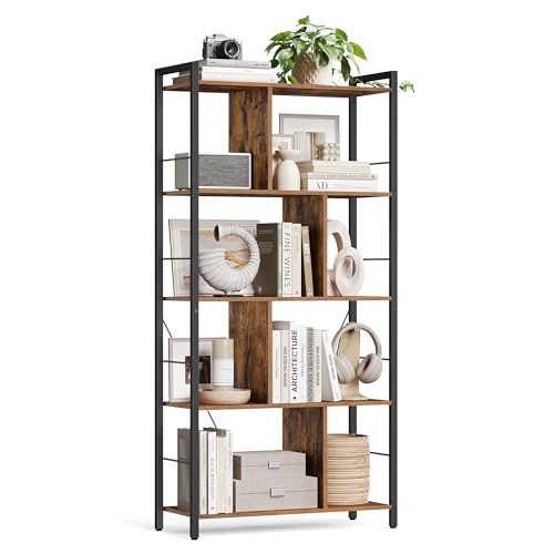VASAGLE Bücherregal, Regal mit 5 Ebenen, Standregal, Büroregal, offene Fächer, Industrie-Design, für Wohnzimmer, Schlafzimmer, Büro, Arbeitszimmer, Homeoffice, vintagebraun-schwarz LBC121B01