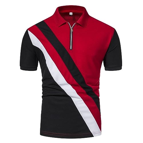 Sport Shirt Herren Trend Farbkontrast Spleißen Kurzarm Shirt Slim Fit Revers Poloshirt Herren Mit Reißverschlussleiste Casual Shirt Golf Tennis Sommer Shirt Herren F-Wine Red1 XXL
