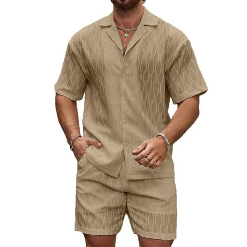 Trainingsanzug Für Herren Casual Gutaussehend Trend Kurzarm Tops Und Kurze Hosen 2-Teiliges Set Business Jogging Mode T-Shirt Regular Fit Komfortabel Atmungsaktiv Sportanzug D-Khaki XL