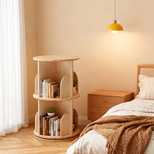 2-Stöckig Drehbares Bücherregal Massivholz - 360° Standregal - Boden stehendes Bücherregals - Multifunktionales Bücherregal - AufbewahrungsregalLagerregal für Kinder, Erwachsene, Ø39cm, H67cm