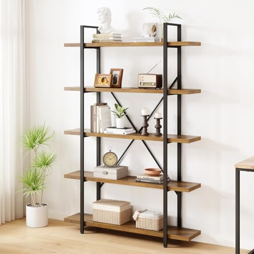 Mudmasa Bücherregal aus Massivholz Standregal mit 5 Ebenen freistehendes Stehendes Regal für Wohnzimmer Arbeitszimmer Schlafzimmer Büro Büchregal Metallrahmen 26 x 120 x 177 cm Rustikales Braun