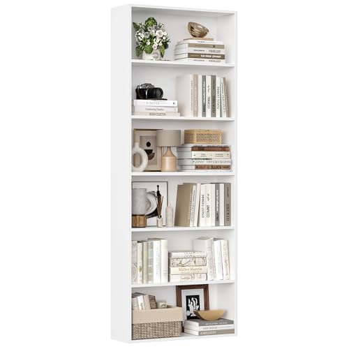 FirFurd Bücherregal, Holzregal mit 6 Fächern, Regale, Bücherschrank, Aufbewahrungsregal für Wohnzimmer, Arbeitszimmer, aus Holz, 180 x 60 x 23,5 cm, Weiß