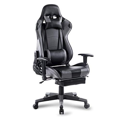 WOLTU Gaming Stuhl, PU Leder Bürostuhl Gaming Chair Ergonomisch mit Lendenkissen, Gamer Stuhl Racing PC-Stuhl mit Wippfunktion & Fußstütze Live-Streaming Drehstuhl Schwarz+Grau