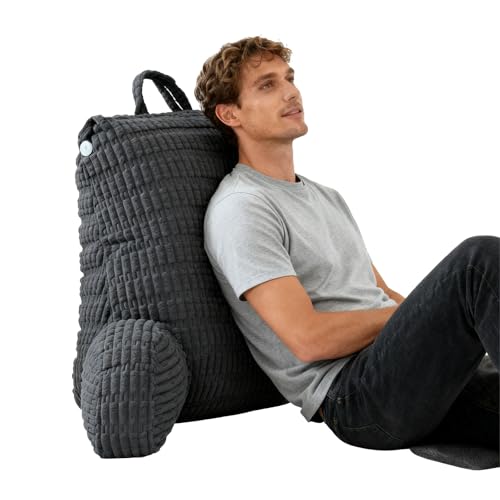 CAIEJSAEN Lesekissen mit RüCkenlehne RüCkenstüTze Geeignet Rückenkissen mit Armlehnen Abnehmbarer für Erwachsene mit Taschen für Bett Und Sofa zum Fernsehen Mobiltelefonen (Tiefgrau)