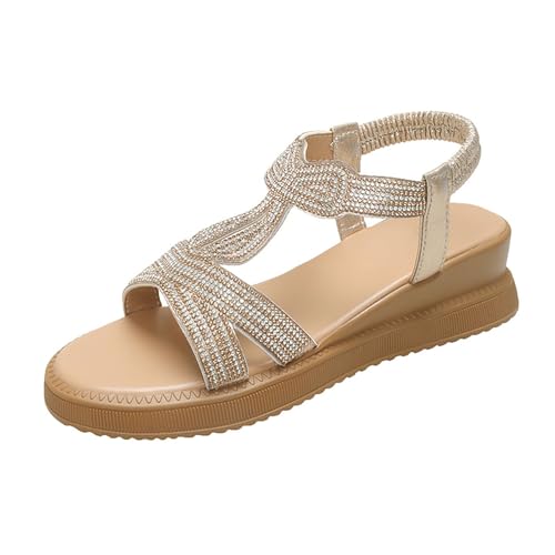 Sneaker Mit Keilabsatz Sandalen Damen Extraweit Damen Casual Elastic Slope Bottom Roman Schuhe Sommermode Sandalen Frühlingsschuhe Mit Fußbett (Gold 37)
