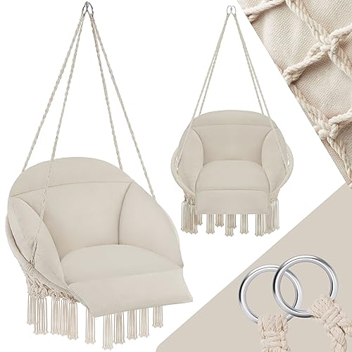 tectake® Hängesessel, Hängeschaukel mit dicken Kissen & Quasten, Boho Hängekorb Ø 80 cm, Hängesessel mit Gestell für Garten, Balkon und Wohnzimmer, Nestschaukel Outdoor & Indoor, Gartenstuhl - beige