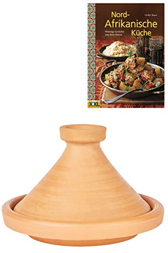 Marokkanische Tajine Topf zum Kochen + Kochbuch | Schmortopf Unglasiert Aladin Ø 31cm für 3-5 Personen | inklusive Rezepte Buch Nord Afrikanische Küche | ORIGINAL Tontopf handgetöpfert aus Marokko
