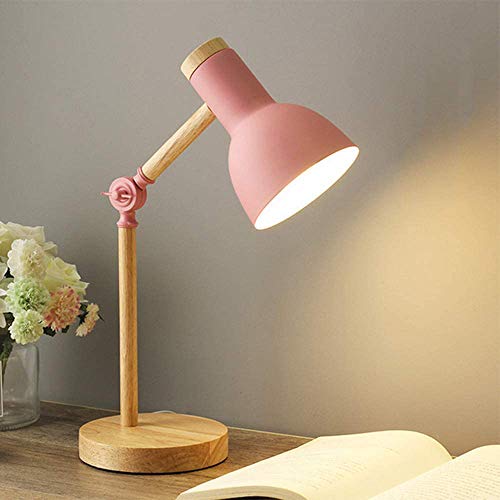 Mengjay Nordic Tischlampe Moderne Lesetischlampe Schlafzimmer Nachttischlampe mit Augenschutz Industrielle Schreibtischlampe Verstellbares E27 Holz Nachtlicht für Kinder Arbeitszimmer (Pink), (B13)