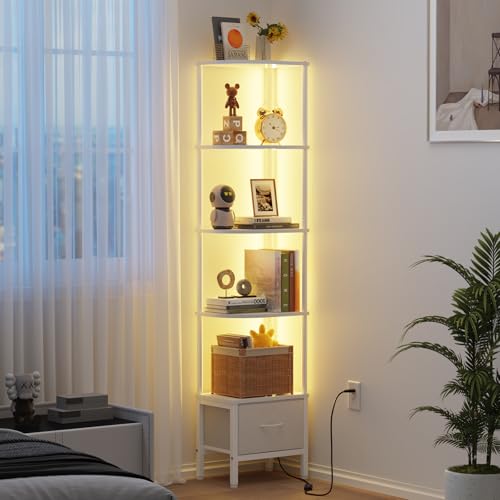 OYRREU Regal, Bücherregal mit 5 Ebenen, Regal mit LED Beleuchtung und Stoffschublade, Schmales vitrine für Ecken, Wohnzimmer, Schlafzimmer, Eckregal, 172 cm Weiß