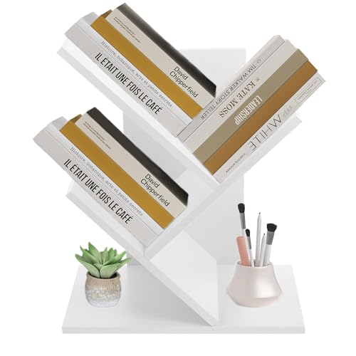Accmuzzy Bücherregal Baumform,4 Ebenen Schreibtisch Bücherregal Holz,Kleines Bücherregal für Bücher, CD Regal, Schreibtisch Regal - Einfach zu Montieren (Weiß, 15.94 in | 2 Ebenen)