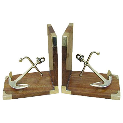 Buchstützen-Set mit Anker aus Holz / Messing
