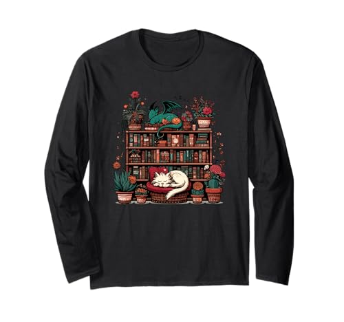 Boho Librarian Booklover Cottagecore Fantasybuch Drache Katze Langarmshirt