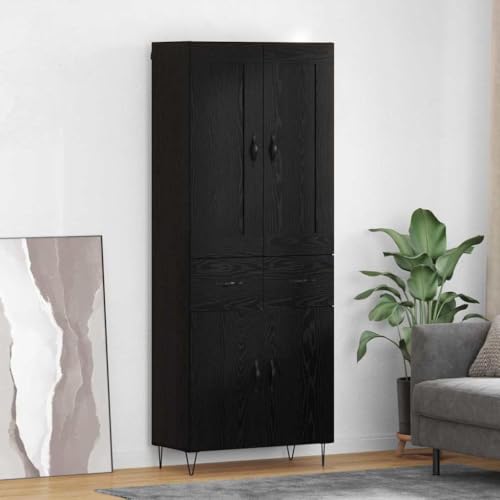 XHNIFBN Hochschrank Schwarz-Eiche 69,5x34x180 cm, Highboard mit 4 Türen & Schublade, moderner Stauraum-Klassiker, Robust & minimalistisch für Esszimmer Wohnzimmer Flur Schlafzimmer