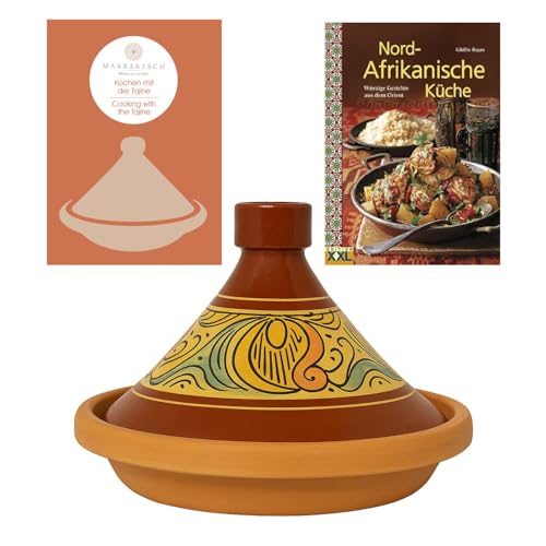Marokkanische Tajine Topf zum Kochen | Schmortopf glasiert Chaouen Ø30cm 4-5 Personen | inklusive Rezept und Gebrauchsanweisung | ORIGINAL Tontopf handgetöpfert aus Marokko