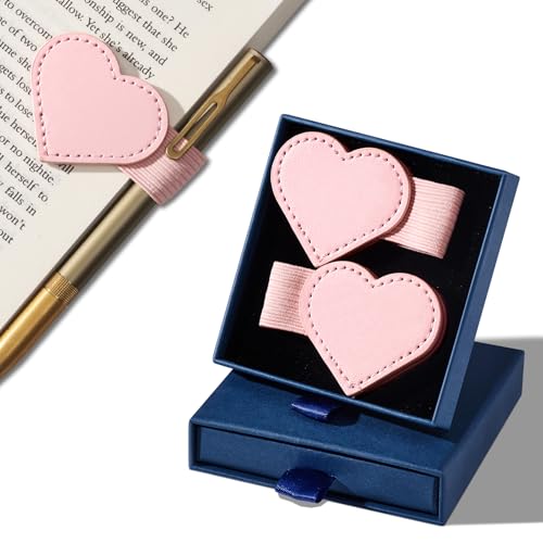 Celblisora 2er-Pack Magnetische Lesezeichen aus Leder mit Stifthalter in Geschenkbox,Rosa Herzförmige Leder-Lesezeichen für Bücherliebhaber zum Valentinstag