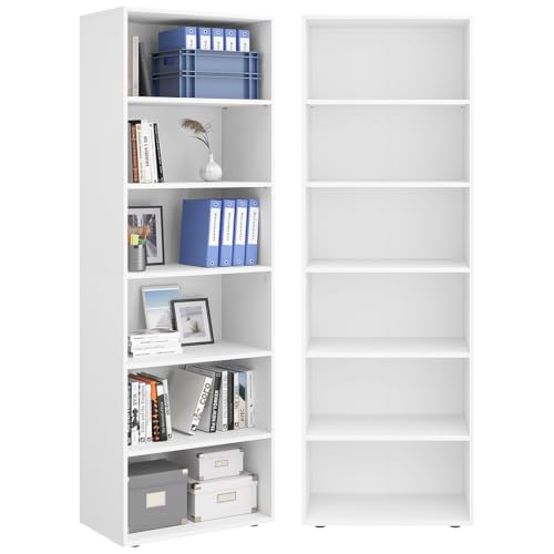 Bellamio Apol Bücherregal mit 6 Fächern - Standregal Weiß - offenes Holzregal - stabiles Regal für Wohnzimmer, Büro & Arbeitszimmer - höhenverstellbares Aktenregal 176x60x33cm