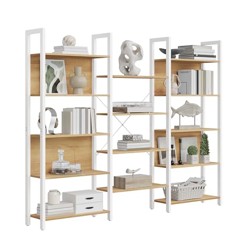 VASAGLE Bücherregal, Standregal mit 14 Ablagen, Regal mit Metallrahmen, für Wohnzimmer, Arbeitszimmer, Büro, Industrie-Design, 24 x 158 x 166 cm, goldeichenfarben-mattweiß LLS107YA01