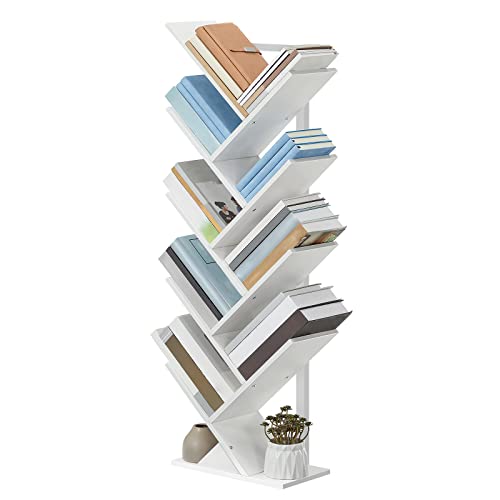 HOOBRO Bücherregal, Standregal in Baumform, bodenstehendes Bücherregal mit 9 Ebenen, Bücherregal für das Heimbüro, zur Aufbewahrung von Büchern, CDs, stark und stabil, für Wohnzimmer, Weiß EWT08SJ01G1