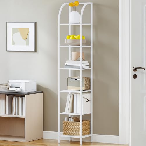 Hzuaneri Bücherregal, 6 Ebenen Standregal, DVD-Regal, Schmale Regale, Offenes Regal, Industriestil, Metallrahmen, Geeignet für Arbeitszimmer, Wohnzimmer, Schlafzimmer, Küche, Weiß BC560013W